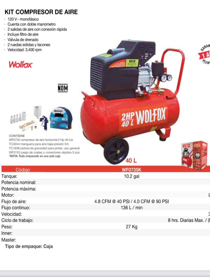 KIT COMPRESOR DE AIRE 40 L / 2 HP WOLFOX WF0735K