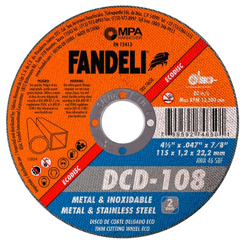 DISCO CORTE ECONOMICO (METAL E INOXIDABLE) 4-1/2" X 3/64 X 7/8" FANDELI 74650 / DCD-108