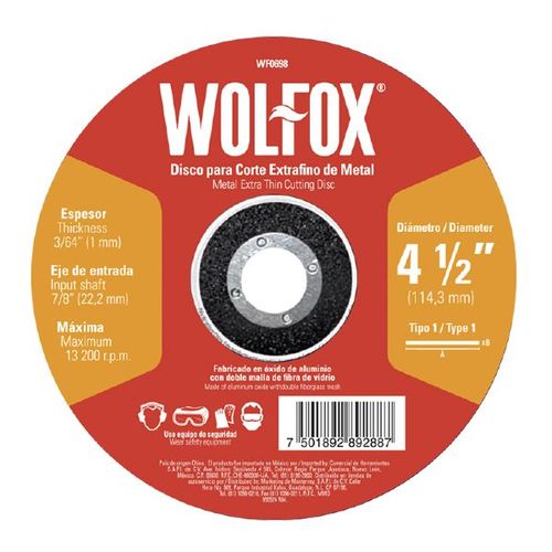 Disco para corte de metal extrafino 4 1/2 pulgadas WOLFOX  WF0698